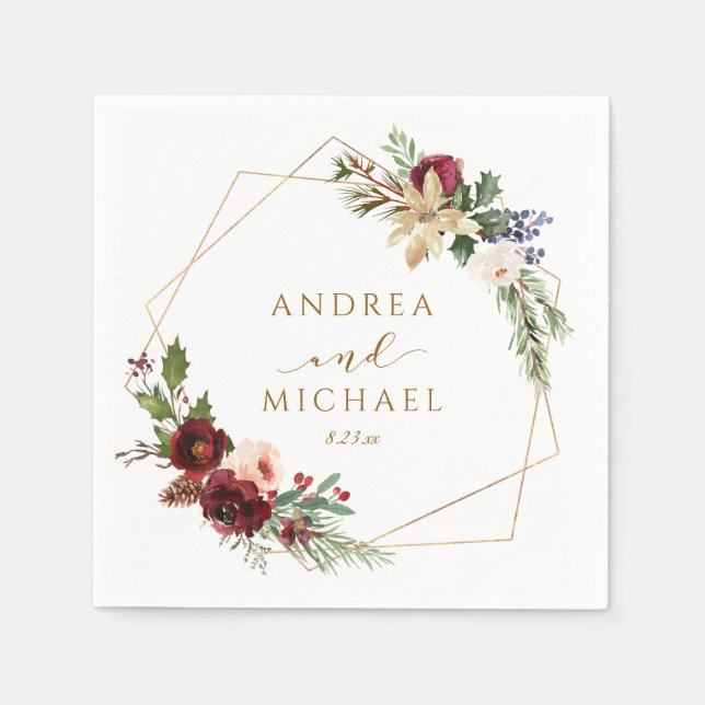 Christmas Wedding Winter Red Wreath Watercolor Napkin (Front)