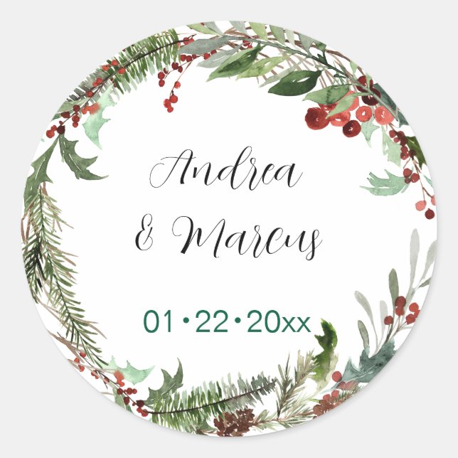 Christmas Wedding Wreath Classic Round Sticker (Front)
