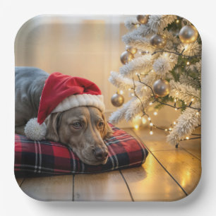 Christmas Weimaraner Dog By a Tree Paper Plate