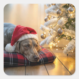 Christmas Weimaraner Dog By a Tree Square Sticker