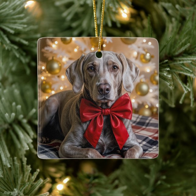 Christmas Weimaraner Dog With Red Bow Ceramic Ornament (Tree)