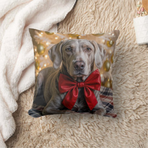 Christmas Weimaraner Dog With Red Bow Throw Pillow