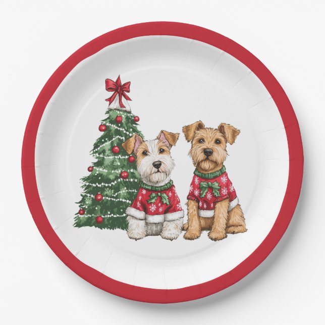 Christmas Welsh Wire Fox Terrier Dogs Paper Plate (Front)