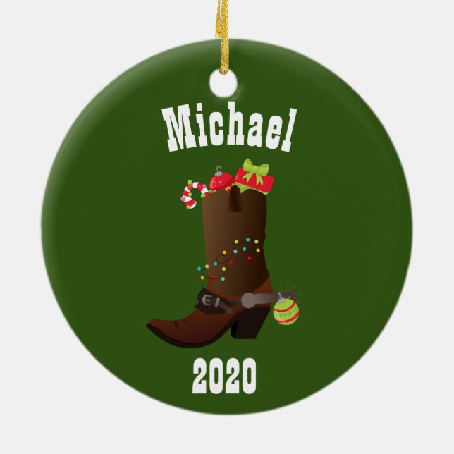 Christmas Western Cowboy Personalized Boot Ceramic Ornament (Back)