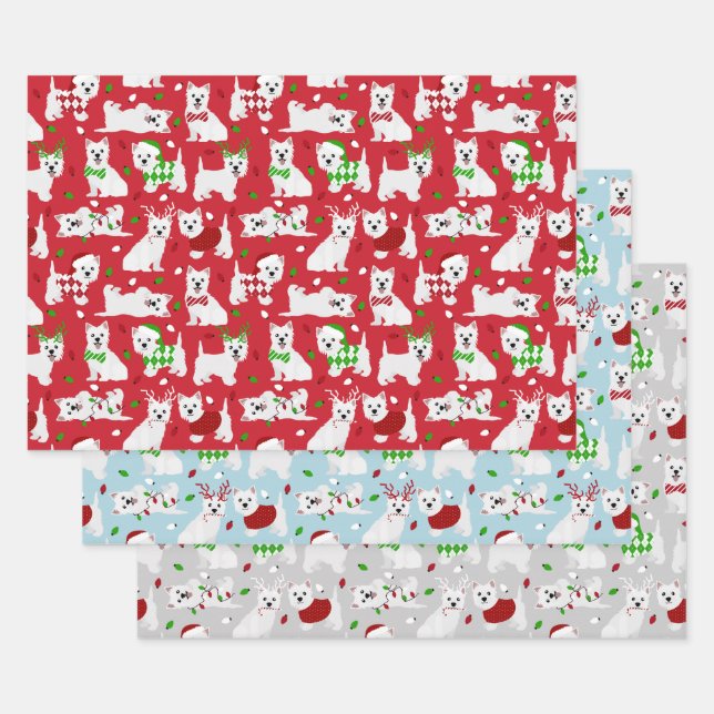 Christmas Westie Dogs West Highland White Terrier Wrapping Paper Sheet (Set)