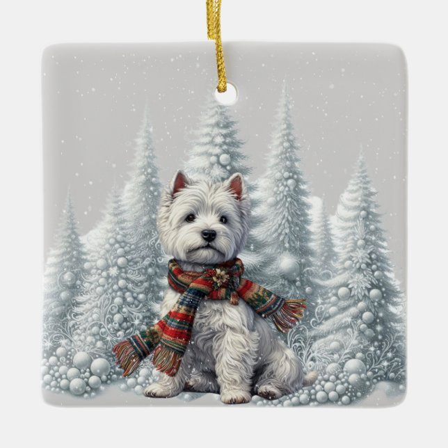 Christmas Westie with snowy trees ornament (Front)
