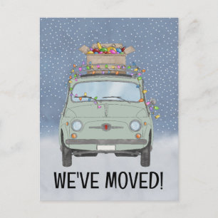 Christmas We've Moved Green car with lights Postcard