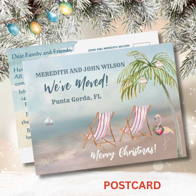 Christmas We've Moved Watercolor Beach Moving   Announcement Postcard (Creator Uploaded)