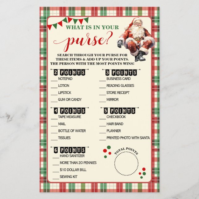 Christmas What is in your Purse Plaid Game Card (Front)