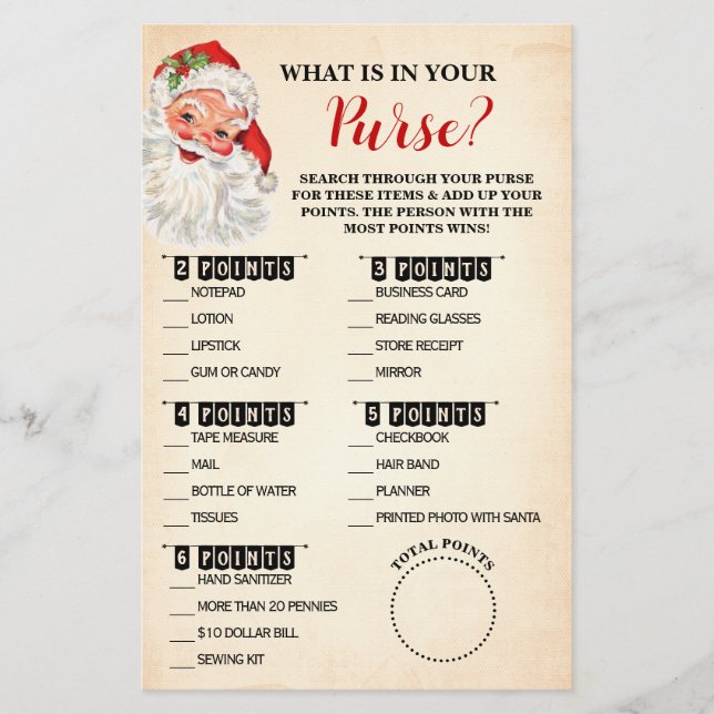 Christmas What is in your Purse Santa Game Card (Front)