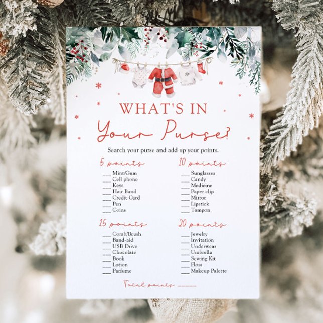 Christmas What's In Your Purse Baby Shower Game Invitation (Watercolor Christmas What's In Your Purse Baby Shower Game)