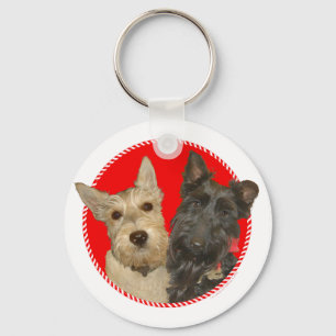 Christmas Wheaten & Black Scotties Keychain