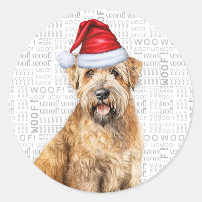 Christmas Wheaten Terrie Dog in Santa Hat Holiday Classic Round Sticker (Front)