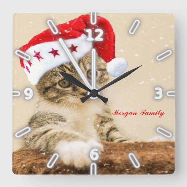 Christmas, Whimsical Cat Whit Santa Hat Square Wall Clock (Front)