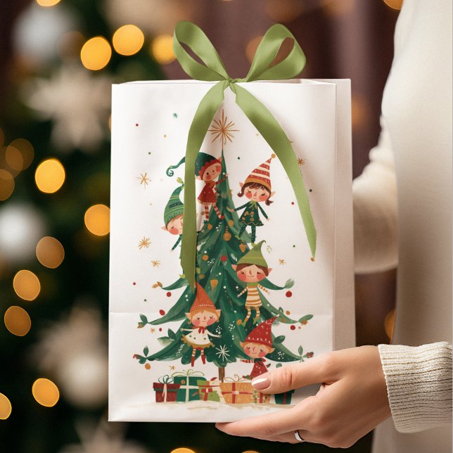 Christmas Whimsical Elves Decorating Tree Gift Bag (Creator Uploaded)