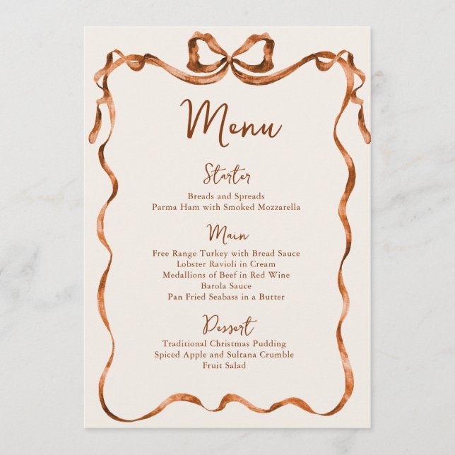 Christmas Whimsical Funky Boho Bow Dinner Party Menu (Front)