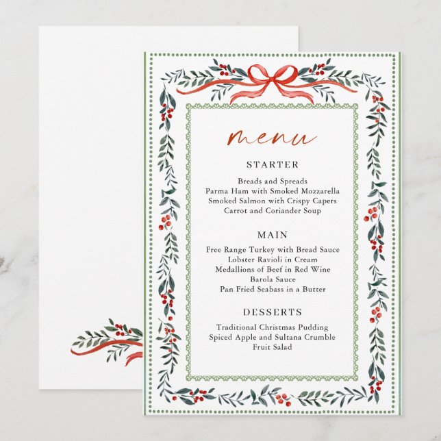 Christmas Whimsical Red Bow Wreath Dinner Party Menu (Front/Back)