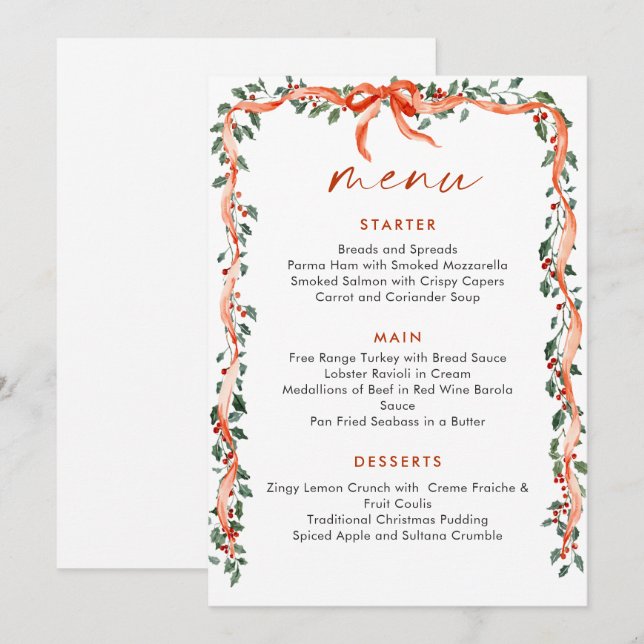 Christmas Whimsical Red Bow Wreath Dinner Party Menu (Front/Back)