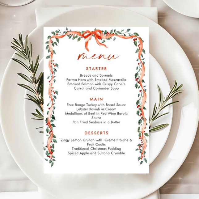 Christmas Whimsical Red Bow Wreath Dinner Party Menu (Creator Uploaded)