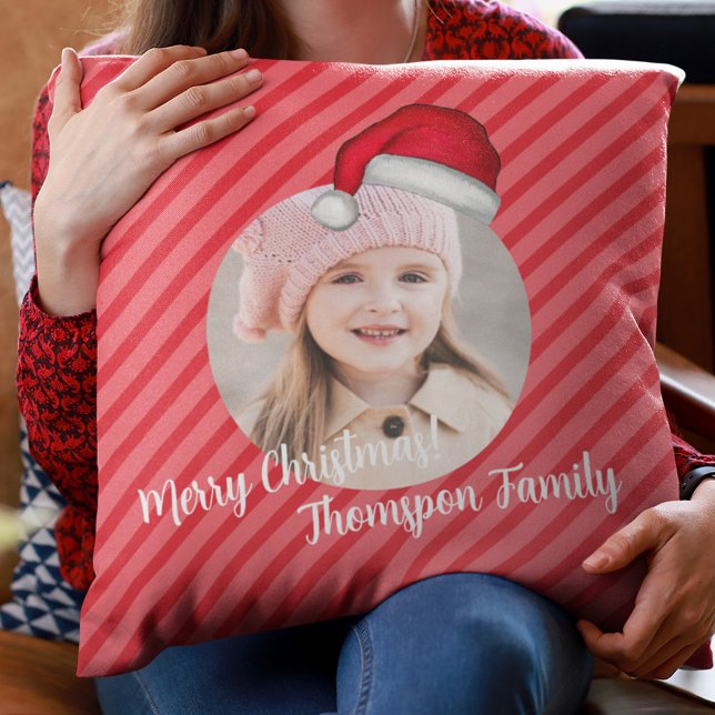 Christmas Whimsical Red Stripes Santa Photo Throw Pillow (Cute Merry Christmas Santa Hat Photo Pillow)