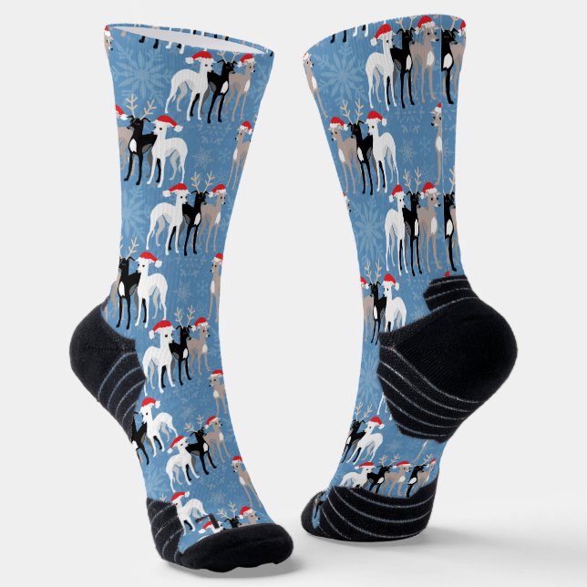 Christmas Whippets or Italian Greyhounds Snowflake Socks (Angled)