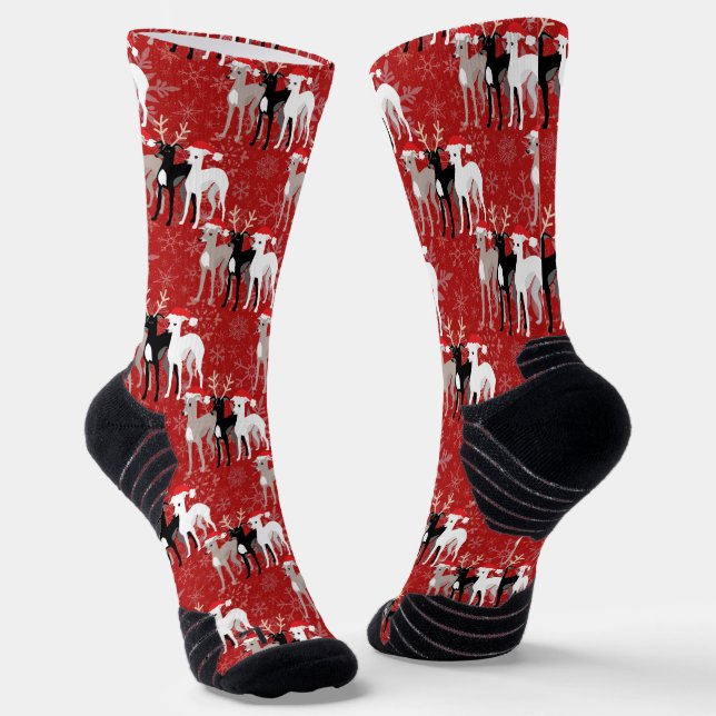 Christmas Whippets or Italian Greyhounds Socks (Angled)