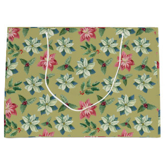 Christmas White and Red Poinsettia, Holly Berry Large Gift Bag
