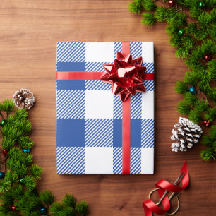 Christmas White and Royal Blue Buffalo Plaid Wrapping Paper