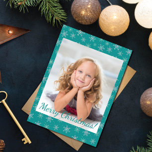 Christmas White & Aqua Snowflakes on Teal Photo Note Card