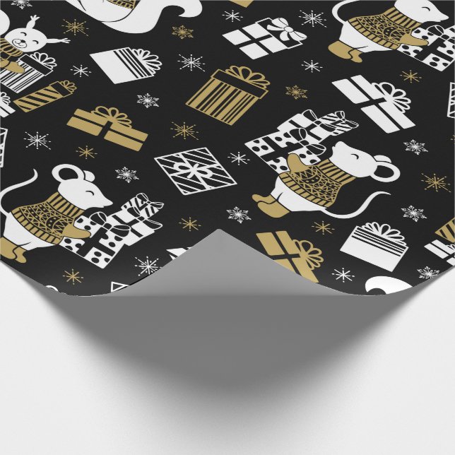 Christmas White Black Gold Mice Gift Packages Wrapping Paper (Corner)