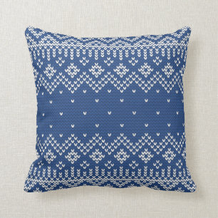 Christmas White & Blue Fair Isle Knitting Pattern Throw Pillow