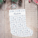 Christmas white blue knitted winter wear small christmas stocking<br><div class="desc">White background with a pattern in blue of knitted mittens,  socks and beanies.  Personalize and add a name.</div>