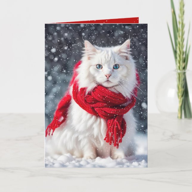 Christmas White Cat with Red Scarf Card (Front)