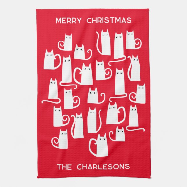 Christmas White Cats Personalized Name Kitchen Towel (Vertical)
