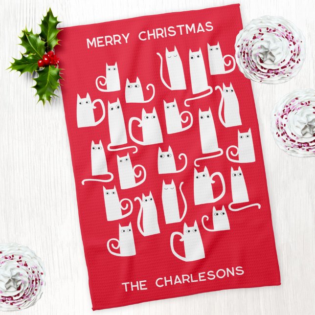 Christmas White Cats Personalized Name Kitchen Towel (Fun personalized text Christmas kitty cat red and white kitchen tea towel)