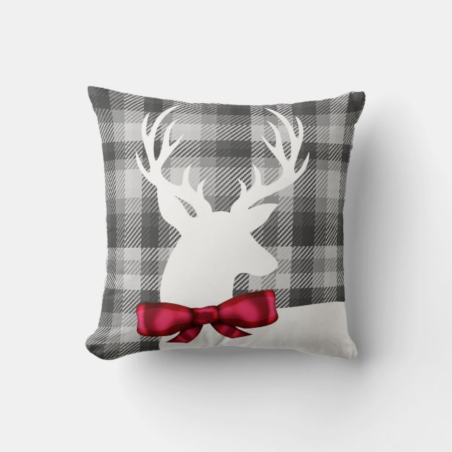 Christmas White Deer & Grey Plaid Happy Holidays Throw Pillow (Front)