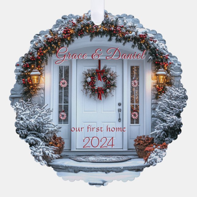 Christmas White Door Wreath "our first home" Ornament Card (Front)