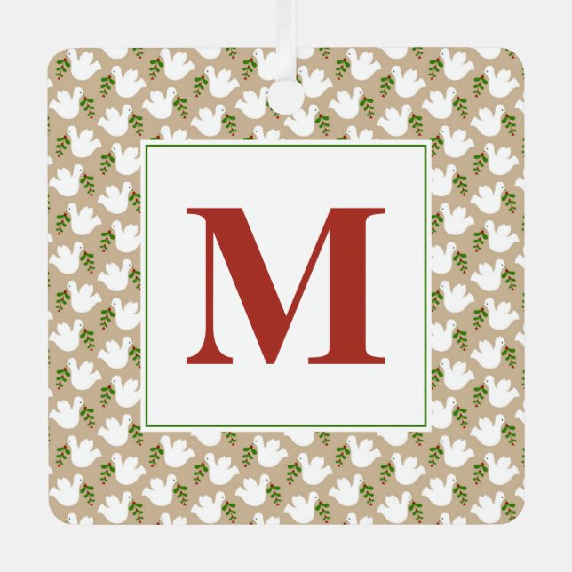 Christmas White Dove Initial Peace Love Joy Metal Ornament (Front)