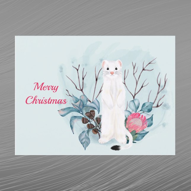Christmas White Ermine Pink Floral Watercolor Holiday Postcard (Creator Uploaded)