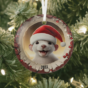Christmas White Ferret Glass Ornament