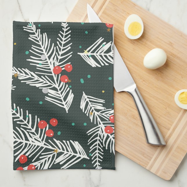Christmas White Fir Branches And Mistletoe Kitchen Towel (Quarter Fold)