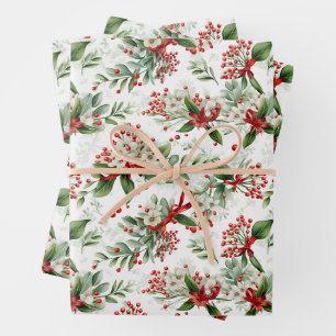 Christmas White Flowers and Red Berries Wrapping Paper Sheet