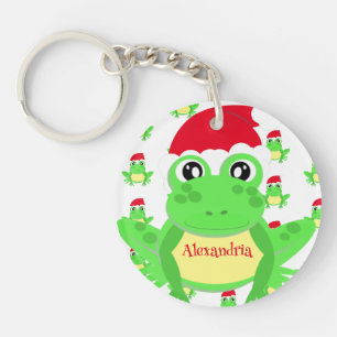 Christmas White Frog Santa Hat Pattern Novelty Keychain