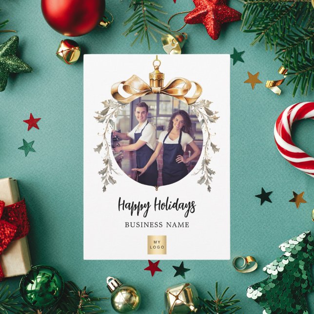 Christmas white gold bauble business photo holiday card (Creator Uploaded)