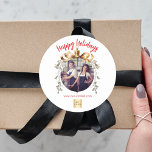 Christmas white gold bauble team photo logo classic round sticker<br><div class="desc">White background. Personalize and add your own photo and company logo. A golden Christmas tree bauble as frame. Add a text,  name or your web url.  Red text.</div>