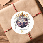 Christmas white gold bauble team photo logo classic round sticker<br><div class="desc">White background. Personalize and add your own photo and company logo. A golden Christmas tree bauble as frame. Add a text,  name or your web url.</div>