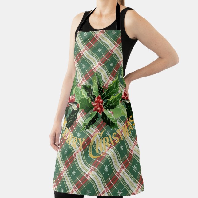 Christmas White Gold Plaid With Wreath Apron (Insitu)
