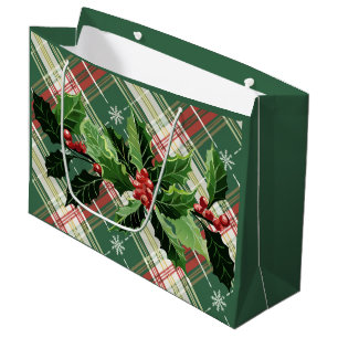Christmas White Gold Plaid With Wreath Large Gift Bag