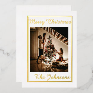 Christmas White  Gold Simple Modern Photo  Foil Holiday Card