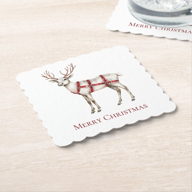 Christmas White Peppermint Deer Paper Coaster (Angled)